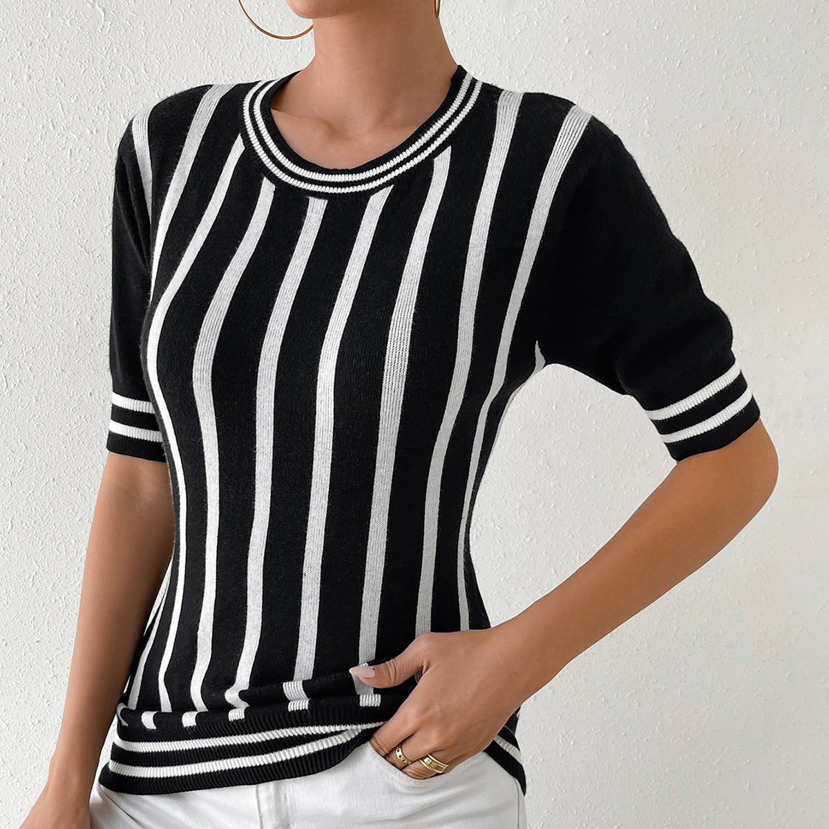 Women Striped Short Sleeve Casual knitting Top 6