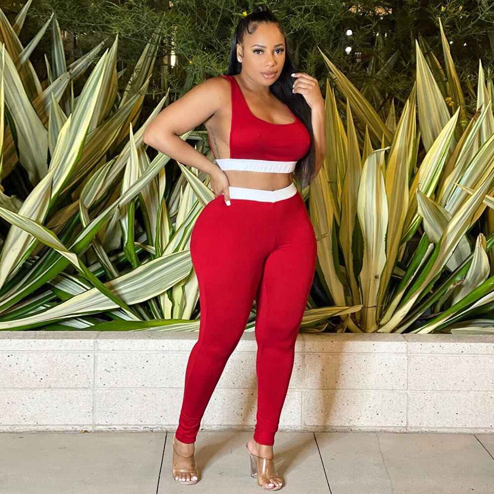 Women summer sexy vest and trousers Patchwork sports two-piece set 3