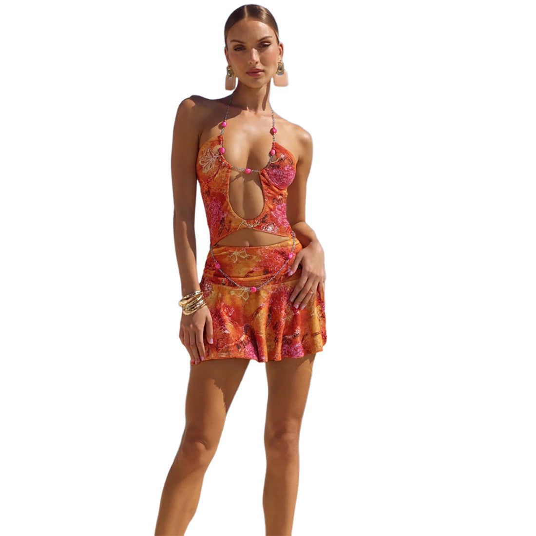 Women's Summer Style Chain Halter Neck Sexy Cut-out Print Dress 19