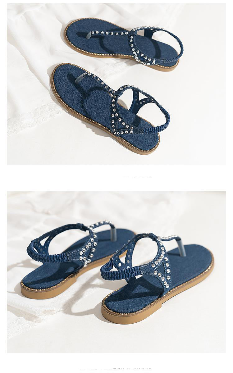 Plus Size Bohemian Summer Studded Flat Flip-Toe Sandals Fashion Casual Beach Shoes 7