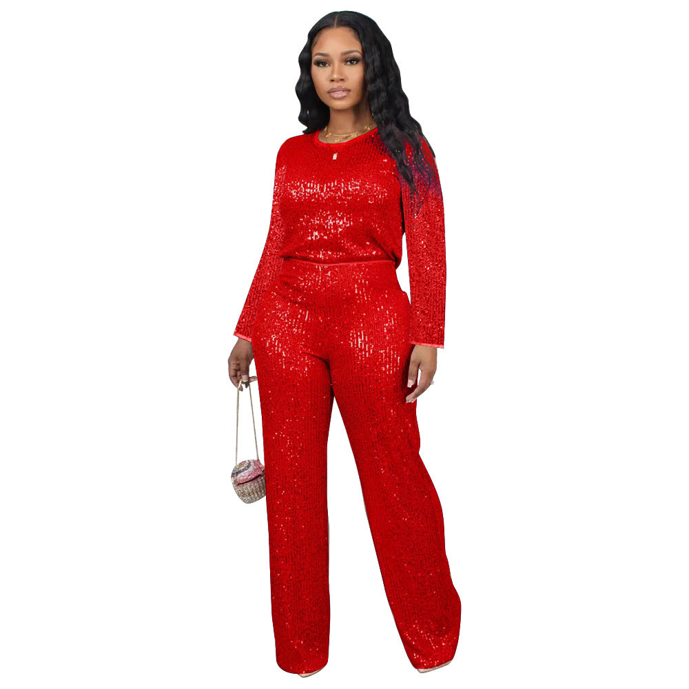 Winter And Spring Sequined Solid Color Long-Sleeved Top Trousers Two-Piece Set 11