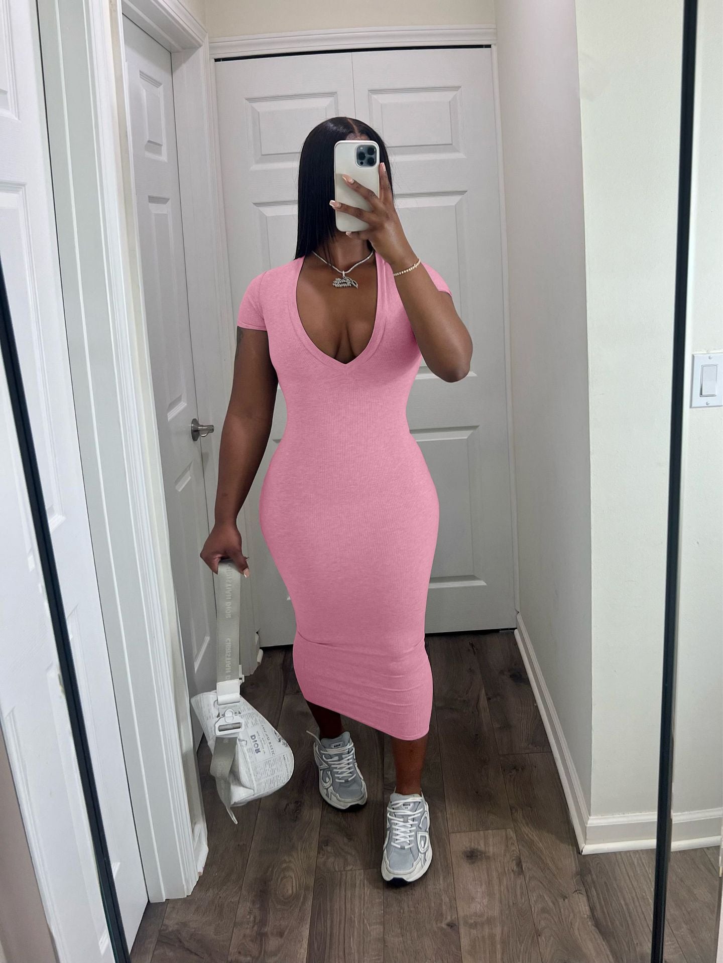 Fashion Solid Color Casual Fashion Sexy Deep V Ribbed Dress 5