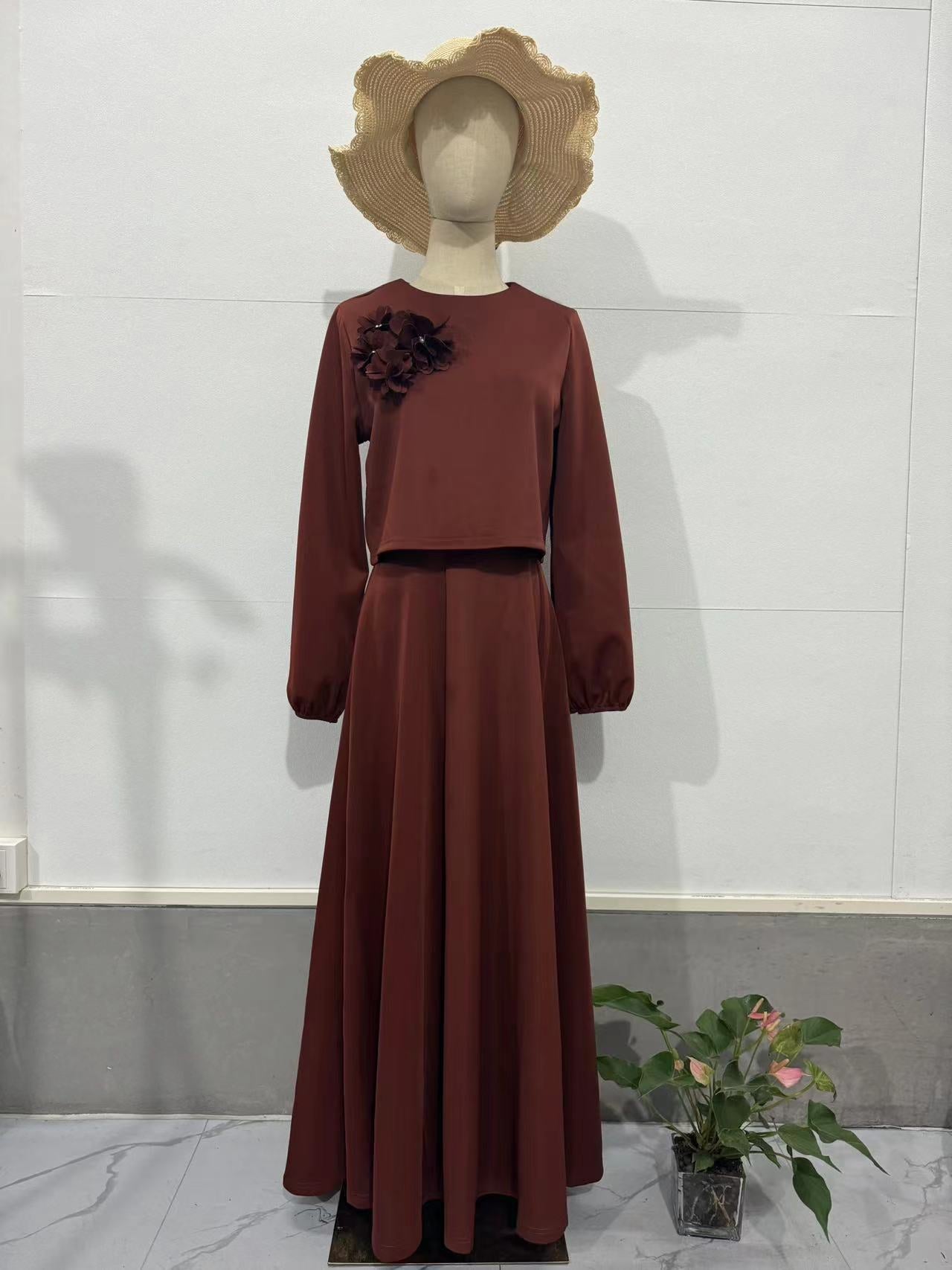 Spring Dubai Floral Lantern Sleeve Loose Dress Women's Skirt Two-Piece Set 11