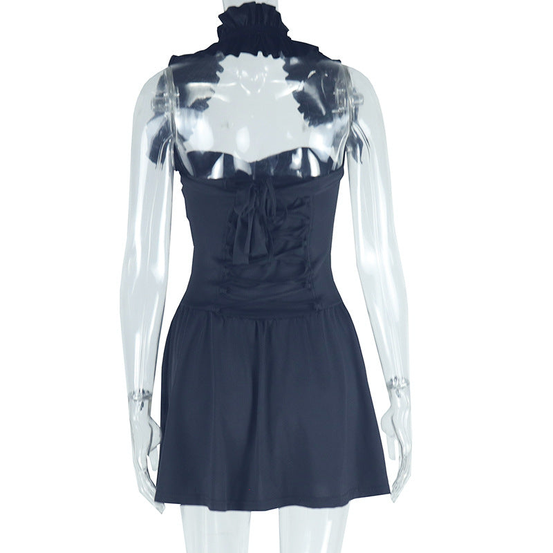 Women's Fashion Solid Color Sexy Deep V-Neck Halter A-Line Dress 8