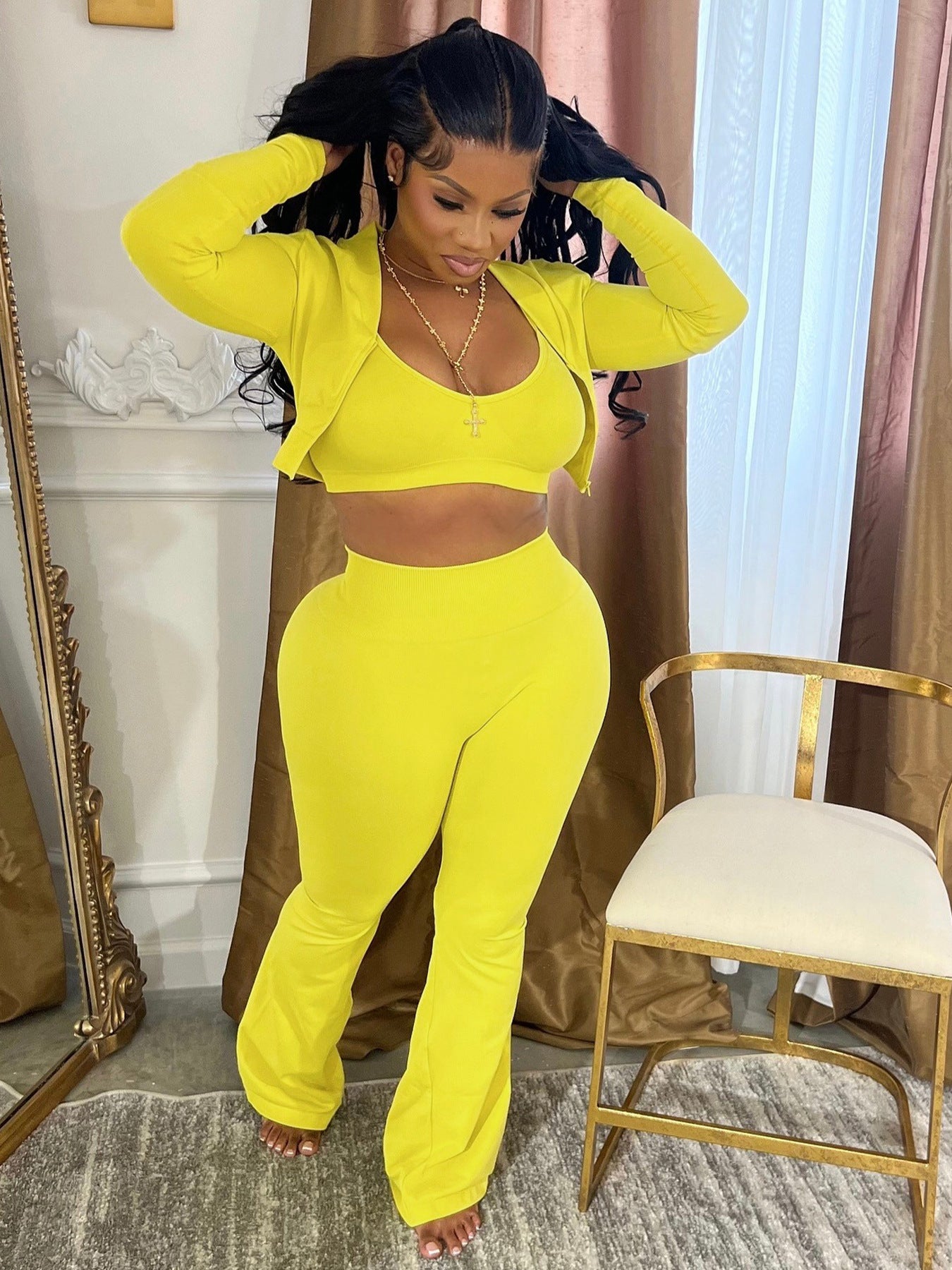 Women's Solid Color Long Sleeve Sexy Open Waist Casual Sports Three-Piece Pants Set 4