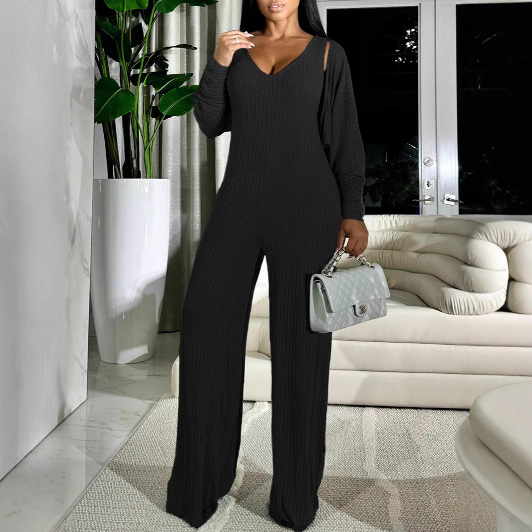 Women Casual Sexy Jumpsuit and Coat Two-Piece Set 4