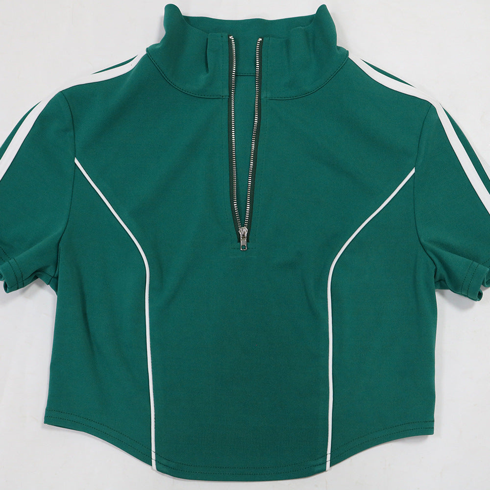 Fashion Women Zipper Short Sleeve Short Top Loose Pants Casual Two-Piece Set 10