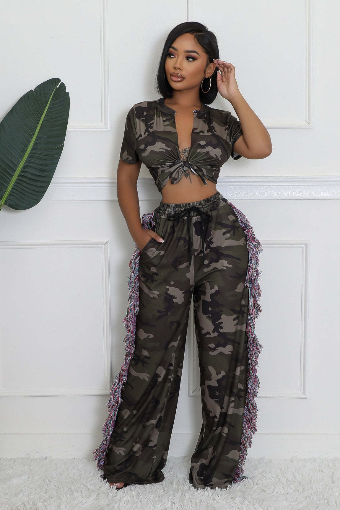Sexy Camouflage Crop Top High Waist Tassel Pocket Wide Leg Pants Two Piece Set
