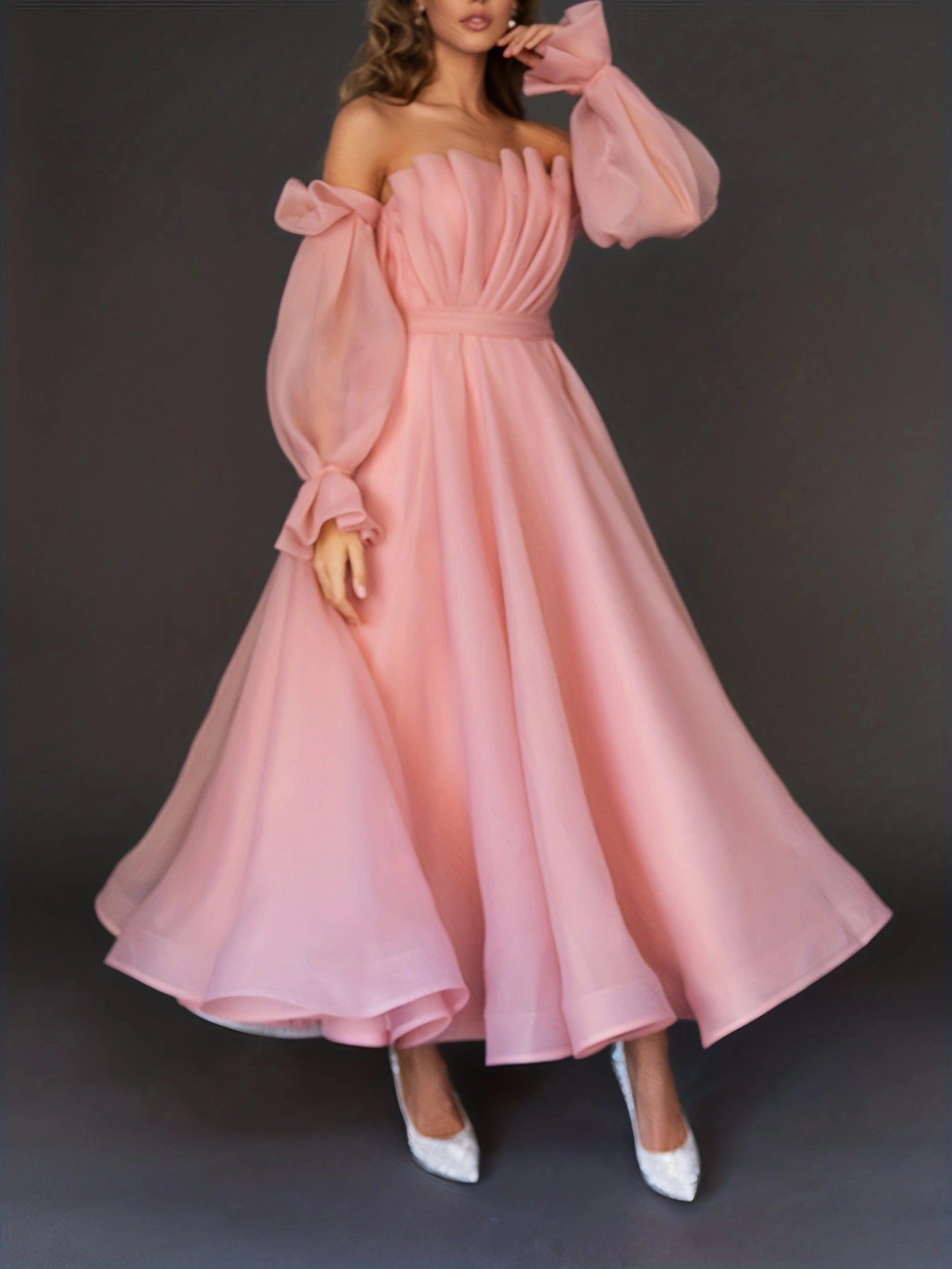 Plus Size Women's Off Shoulder Long Sleeve Solid Color A-Line Party Dress