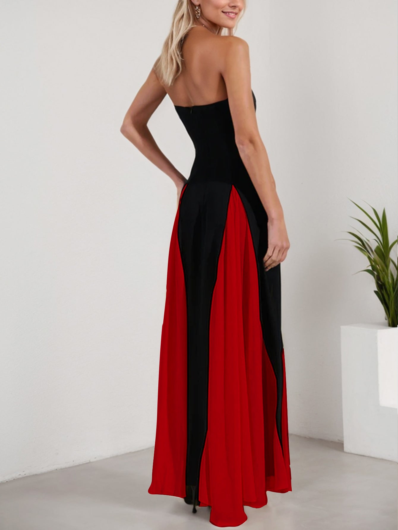 Fashionable Women's Sexy Contrast Patchwork Strapless Long Evening Dress 8