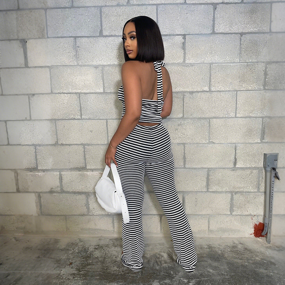 Women jacquard striped lace-up Crop Top and pencil pants two-piece set 5