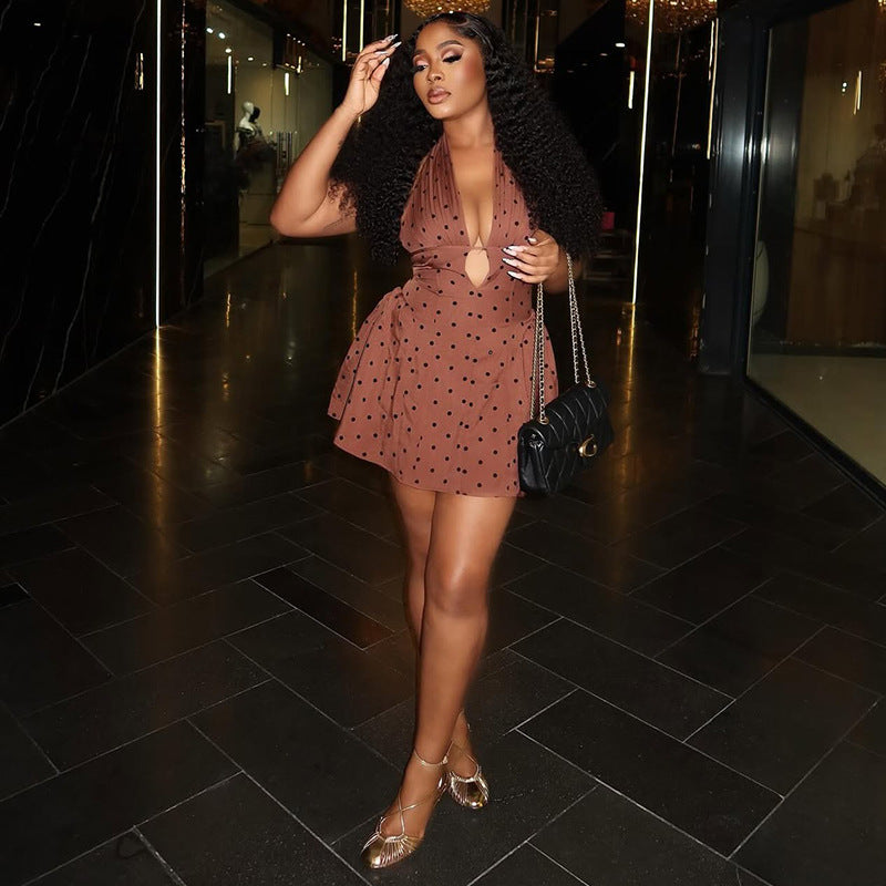 Print Polka Dot Women's Slim Waist Sexy A-Line Pleated Deep V-Neck Sleeveless Short Dress 5