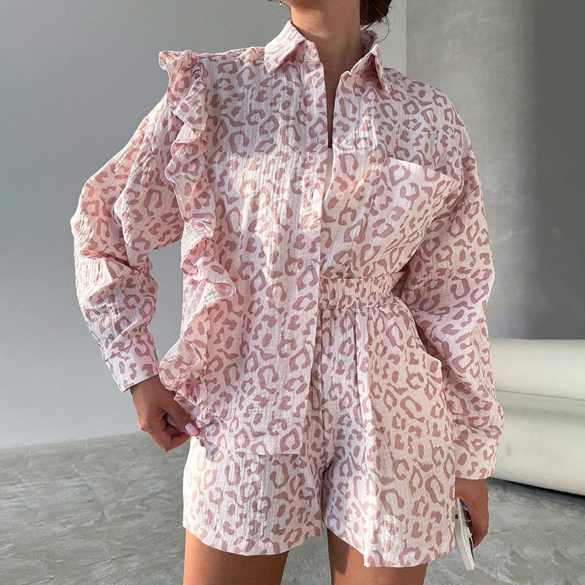 pink leopard print fashion long-sleeved shrit shorts two piece set 3