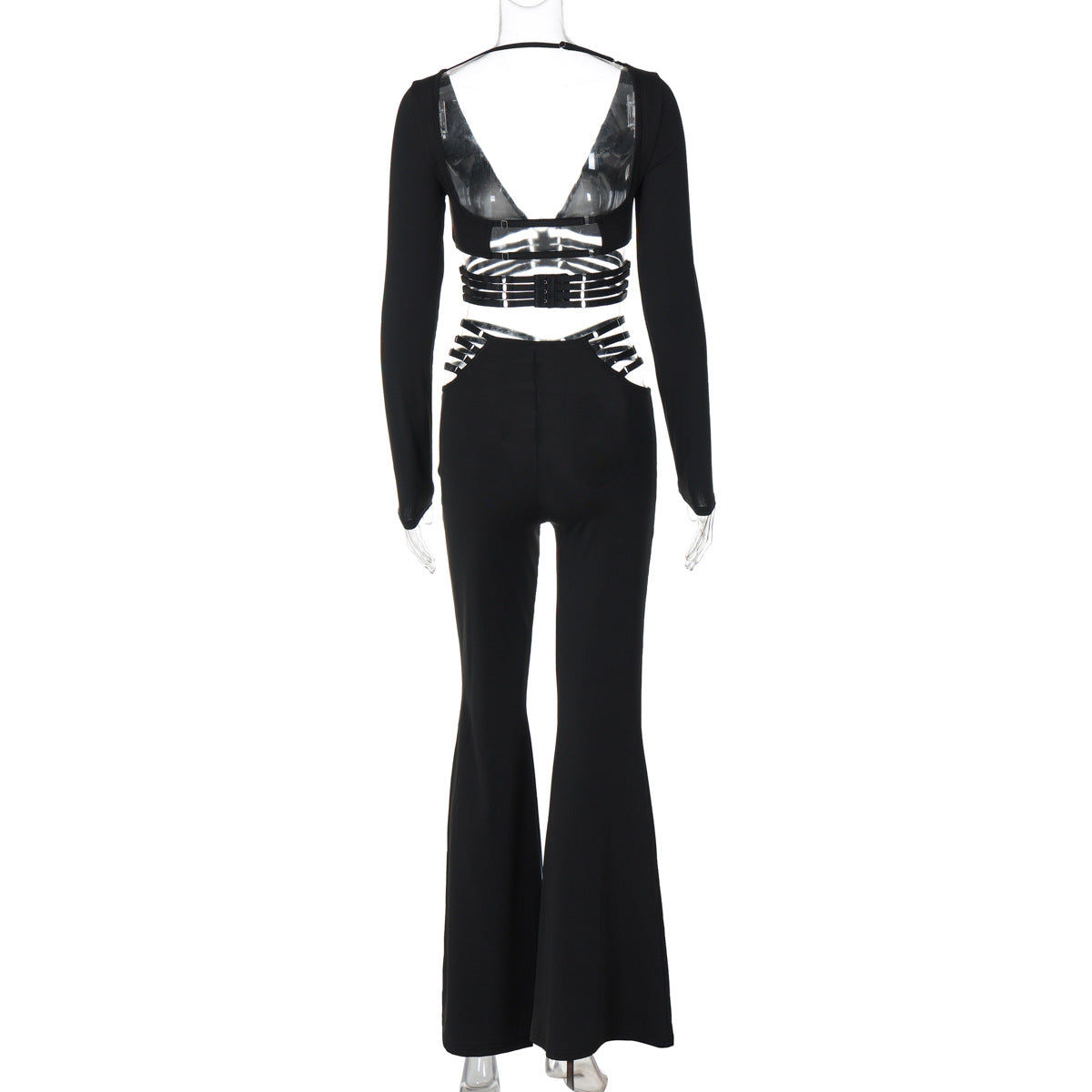Women Sexy V-neck Long Sleeve Top and Lace-Up Wide Leg Pants Two-piece Set 8