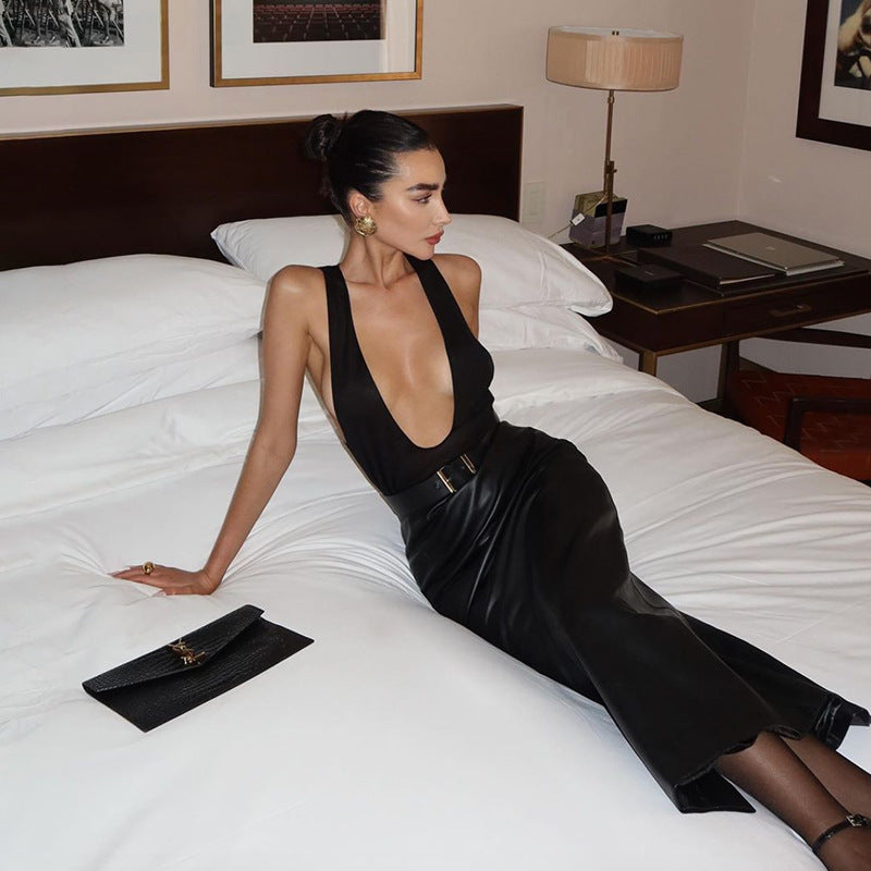 Women's Fashion Sexy Low Cut Sleeveless Slim Pu Patchwork Bodycon Dress 3