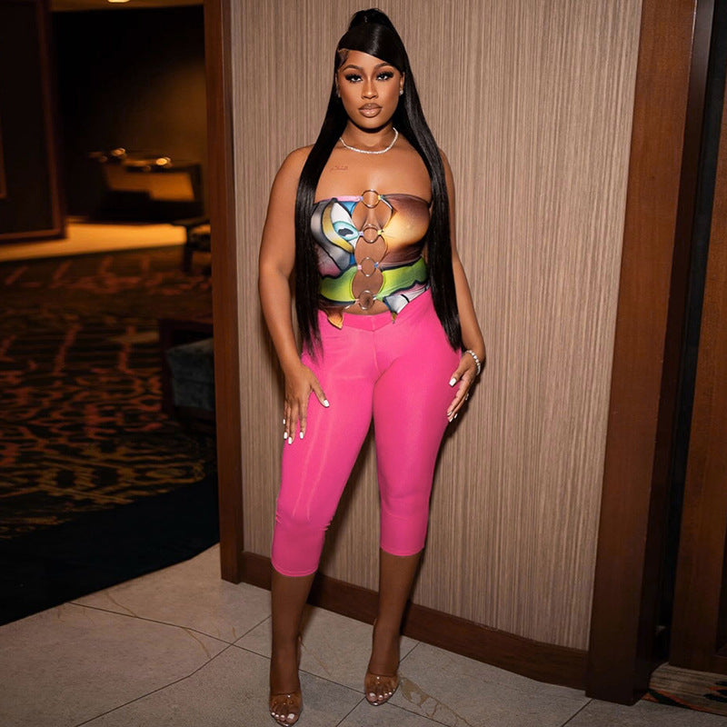 Women's Spring Summer Printed Ring Patchwork Strapless Top & Three-Quarter Pants Set 6