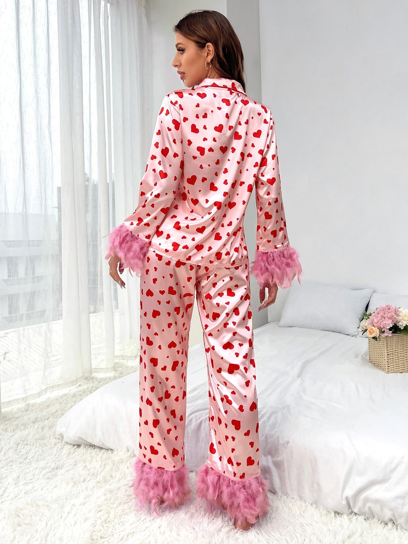 Women Heart Print Printed Casual Pajamas Two-Piece Set 3