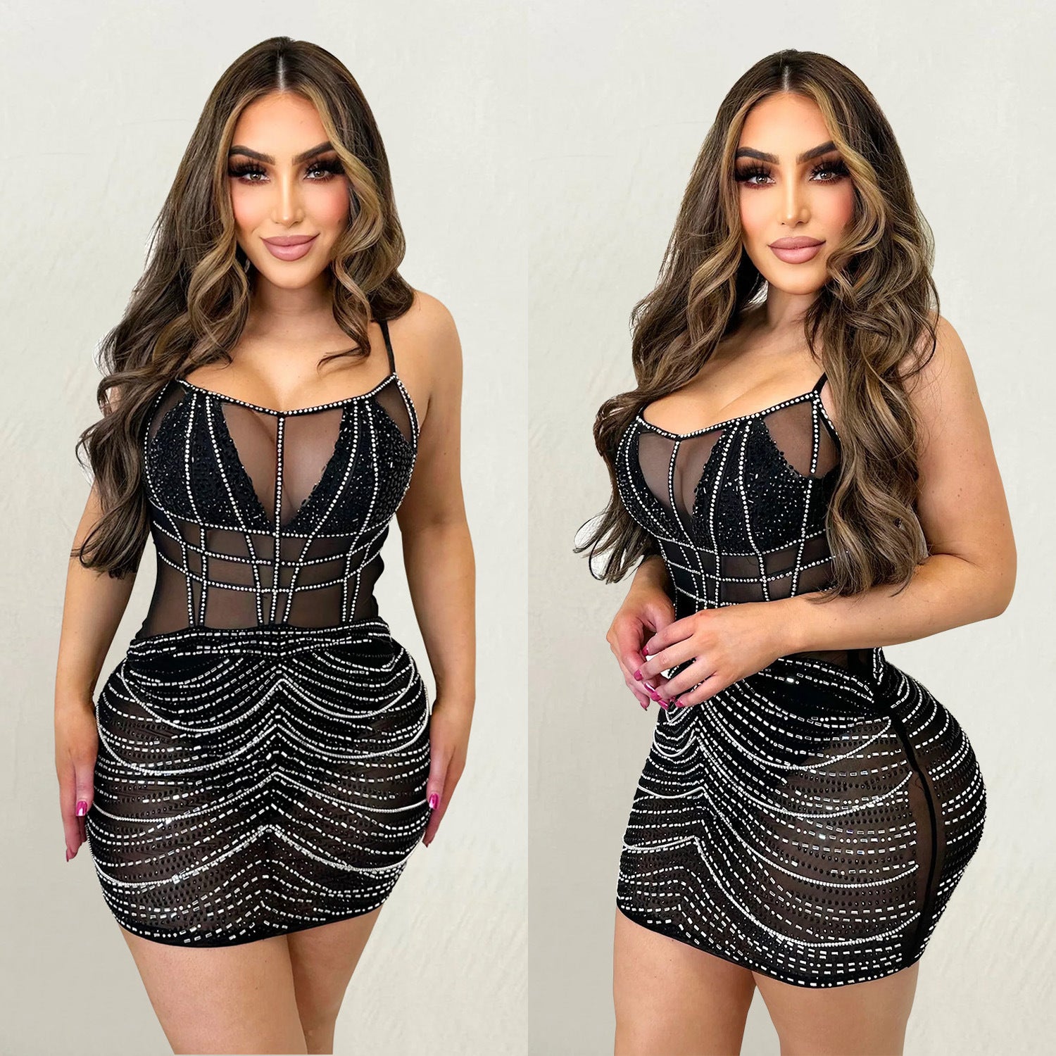 Women's Fashion Solid Color Camisole Sleeveless Mesh Beaded Dress 4