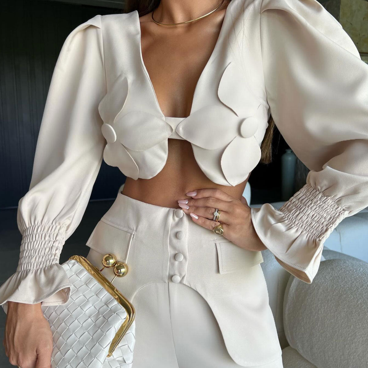 Women Solid Long Sleeve V-Neck Backless Top and Wide Leg Pants Two-Piece Set 6