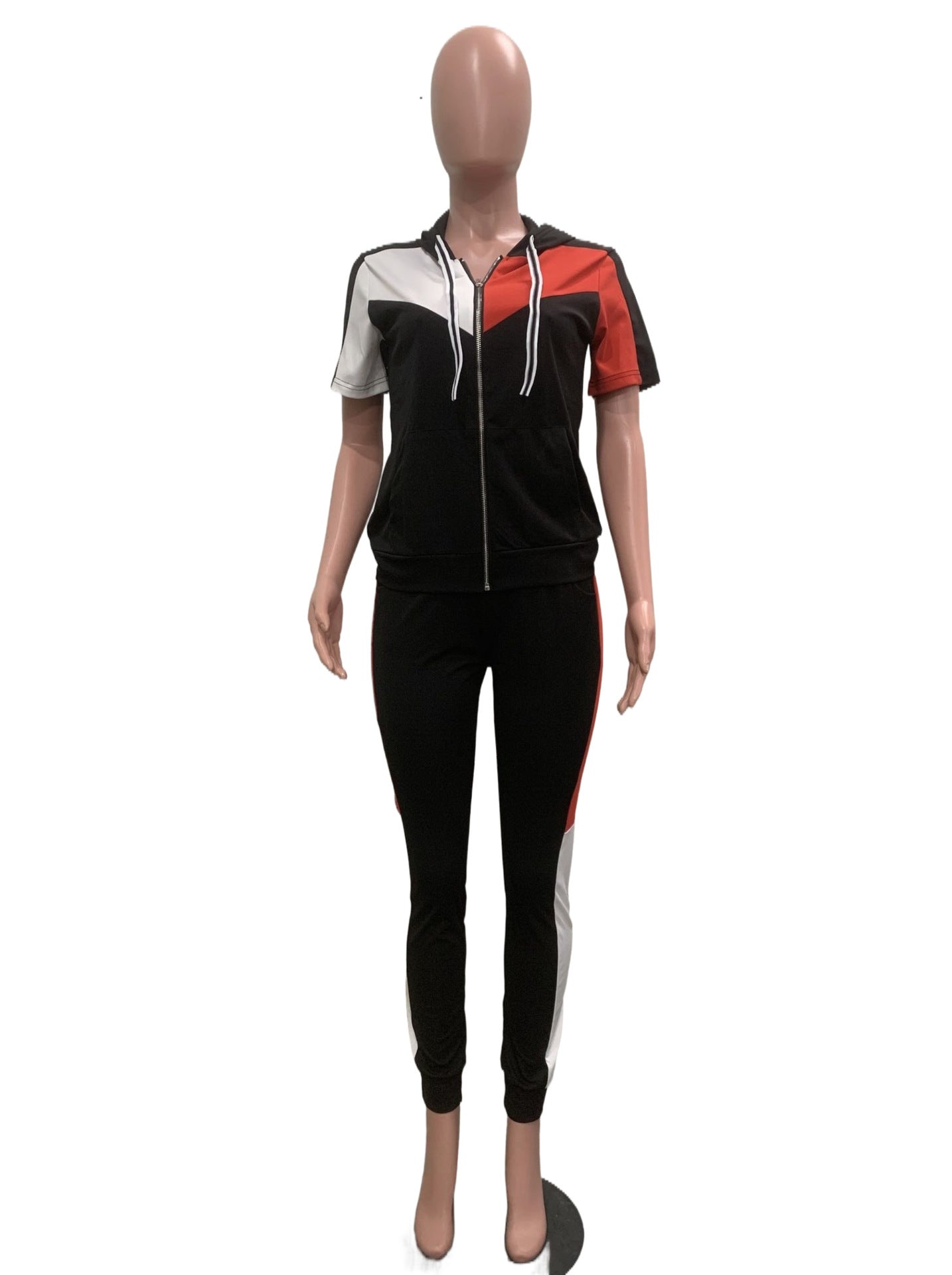 Women Casual Color Block Zipper Short Sleeve Drawstring Hooded Top and Pants Two Piece Set