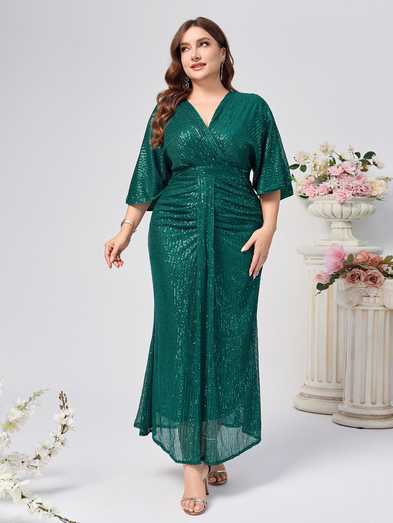Plus Size Women Sequin Solid v-neck sequin sleeve Formal Party Dress