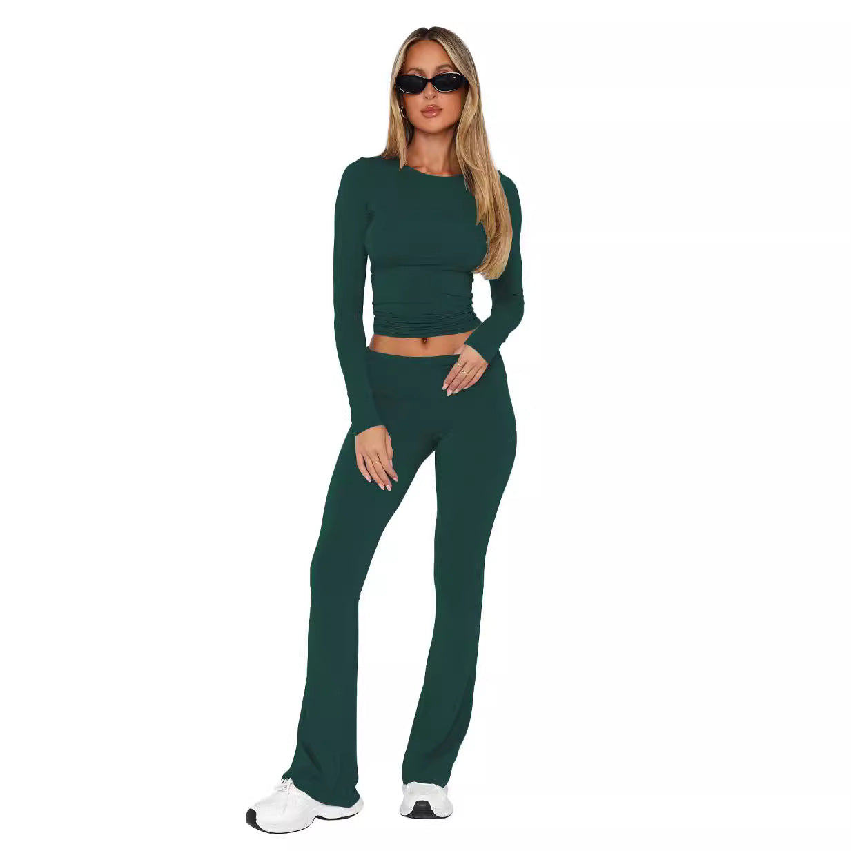 Women long sleeve round neck top and bell bottom pant two-piece set 8