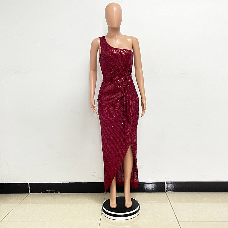 Women's One-Shoulder Lace-Up Sequined Evening Dress 54