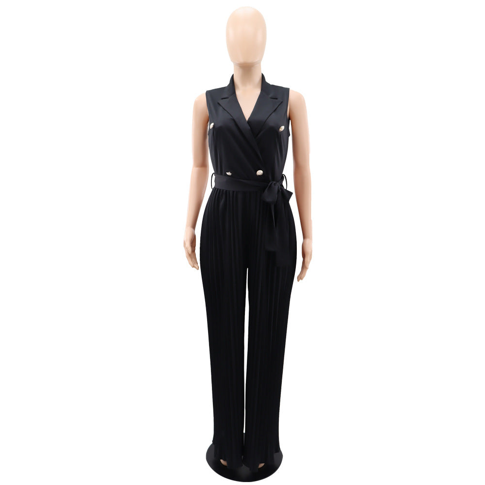 Women Spring V-neck Sleeveless Backless Pleated Wide Leg Jumpsuit 14