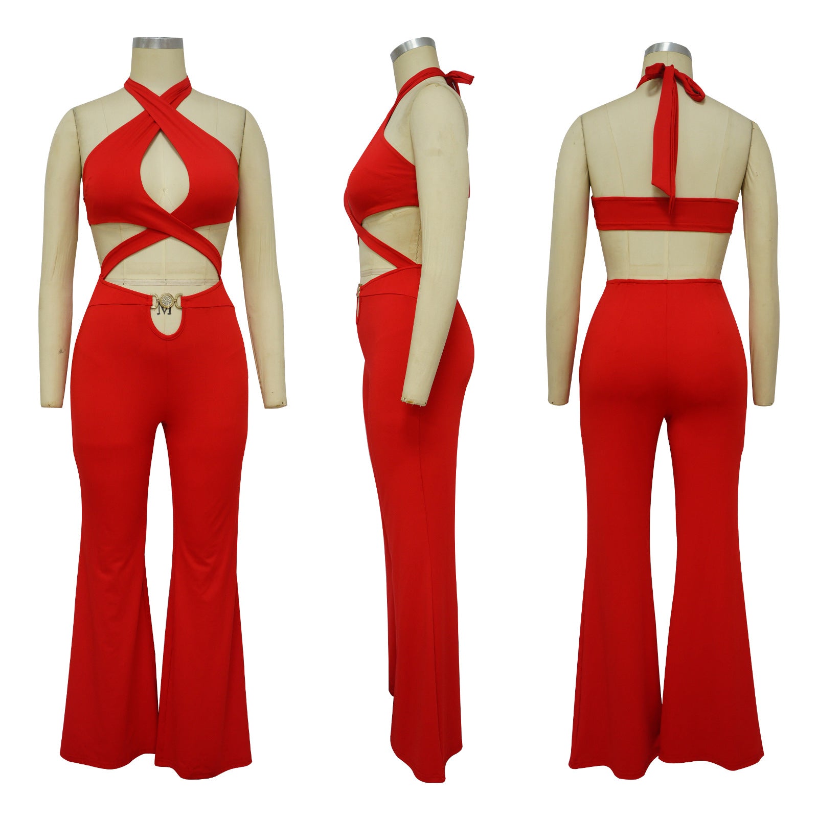 Women's Nightclub Sexy Cutout Halter Neck Wide Leg Jumpsuit 14