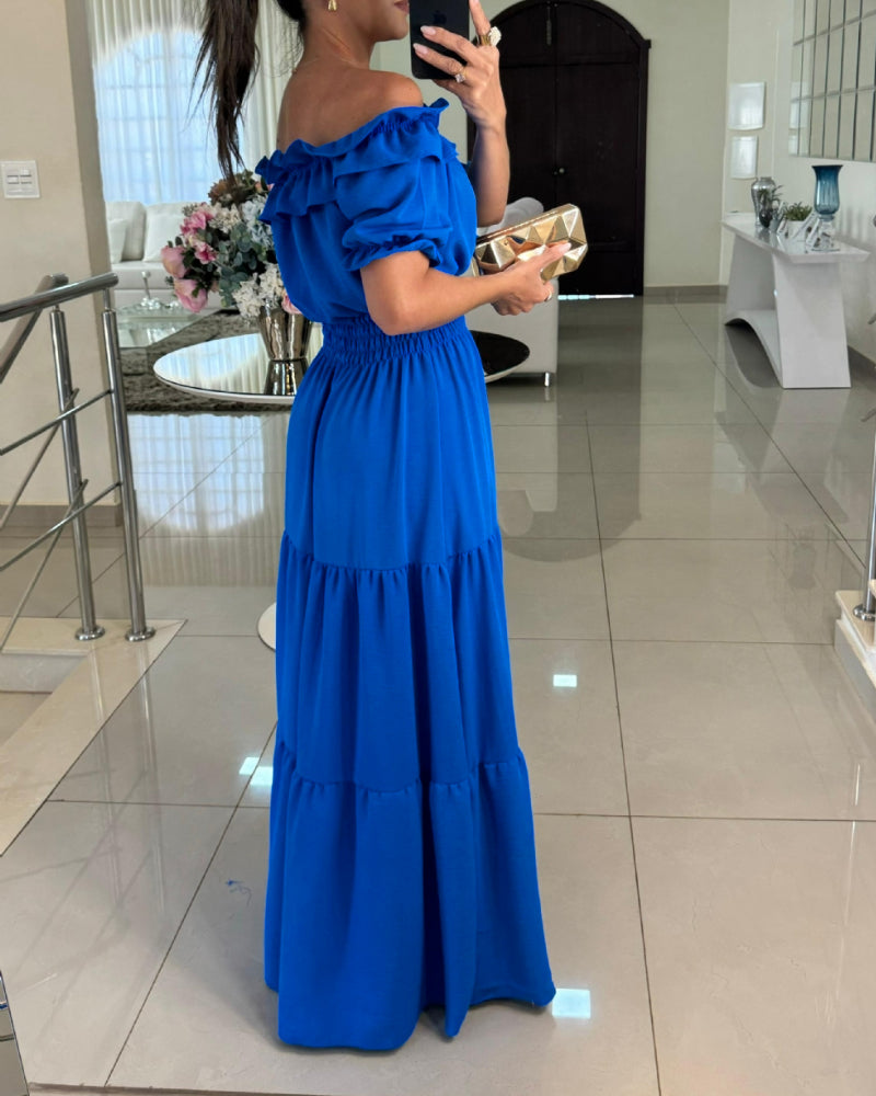 Women Off-Shoulder Ruffle Edge Stretchy Bell Bottom Maxi Dress 4