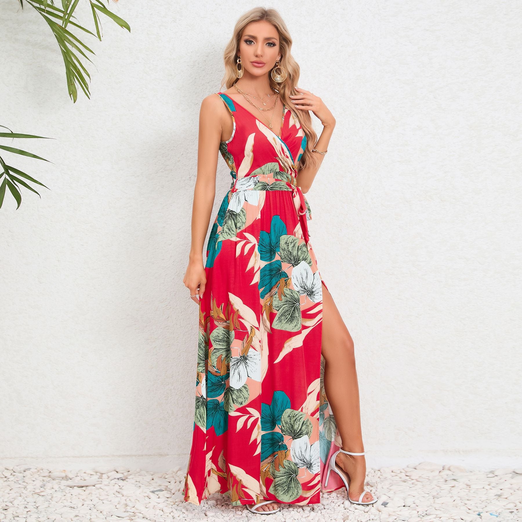 Summer Women's V-Neck Sleeveless Slit Printed Long Strap Dress 11