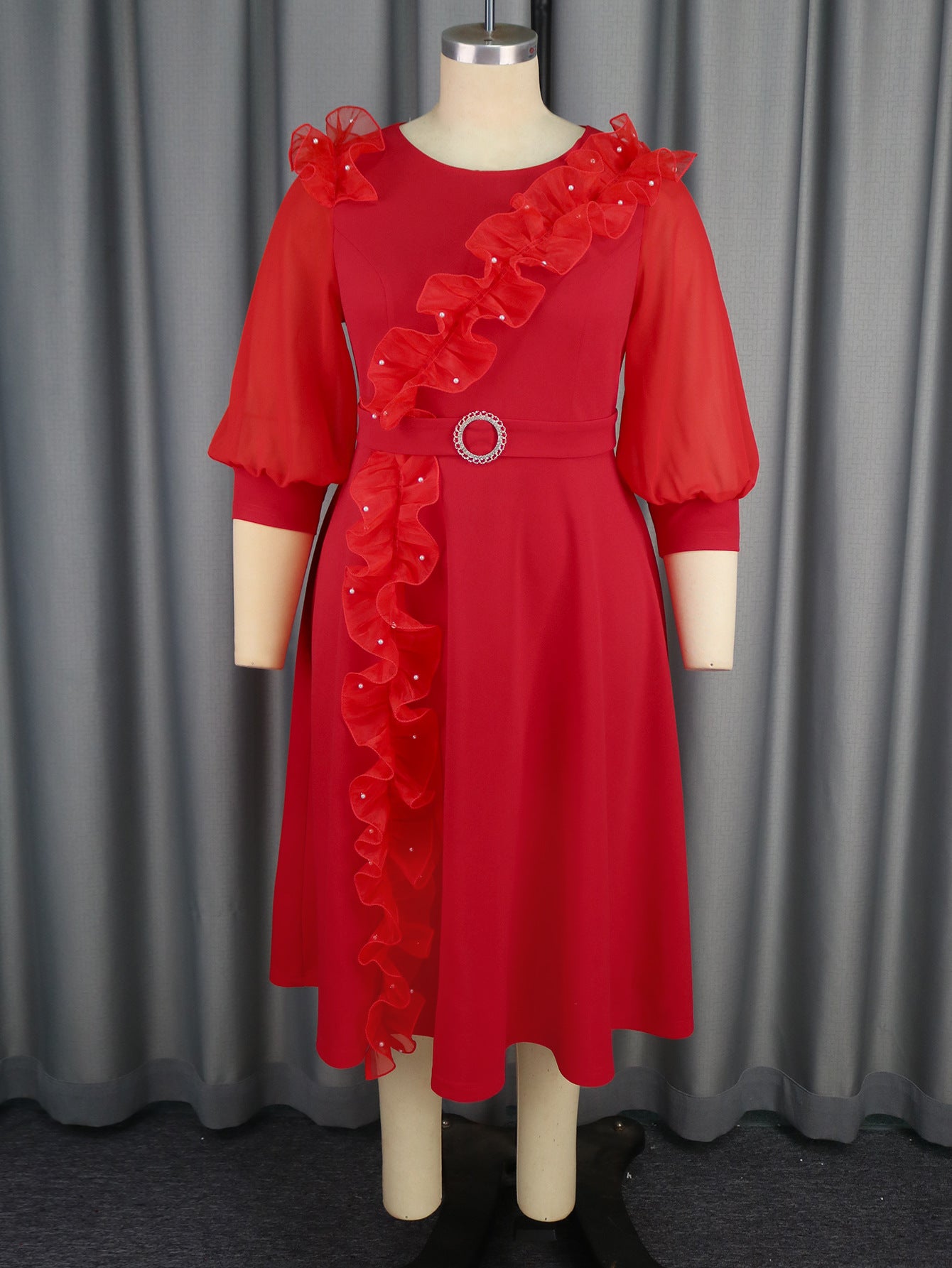 Women African Party Lantern Sleeve Ruffle Edge Beaded Dress 5