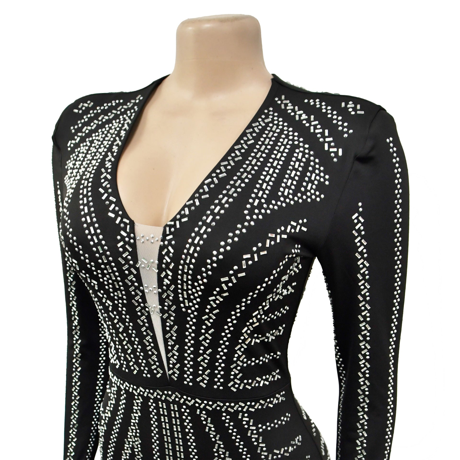 Fashion Women's Solid Color Beaded Long Sleeve Slit Maxi Dress 16