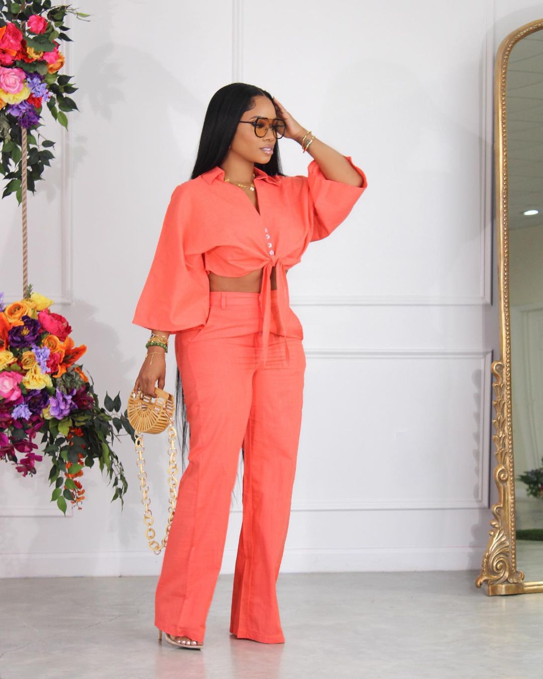 Women Solid Lace-Up Button Long Sleeve Loose-fit Top and Pant Casual Two-Piece Set 4