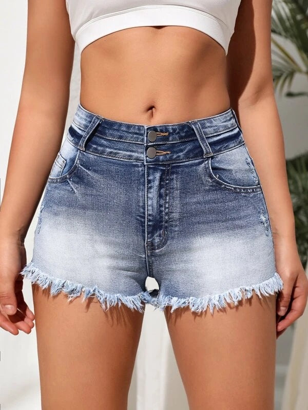 Women Button Raw Edge Stretchy Denim Shorts 7