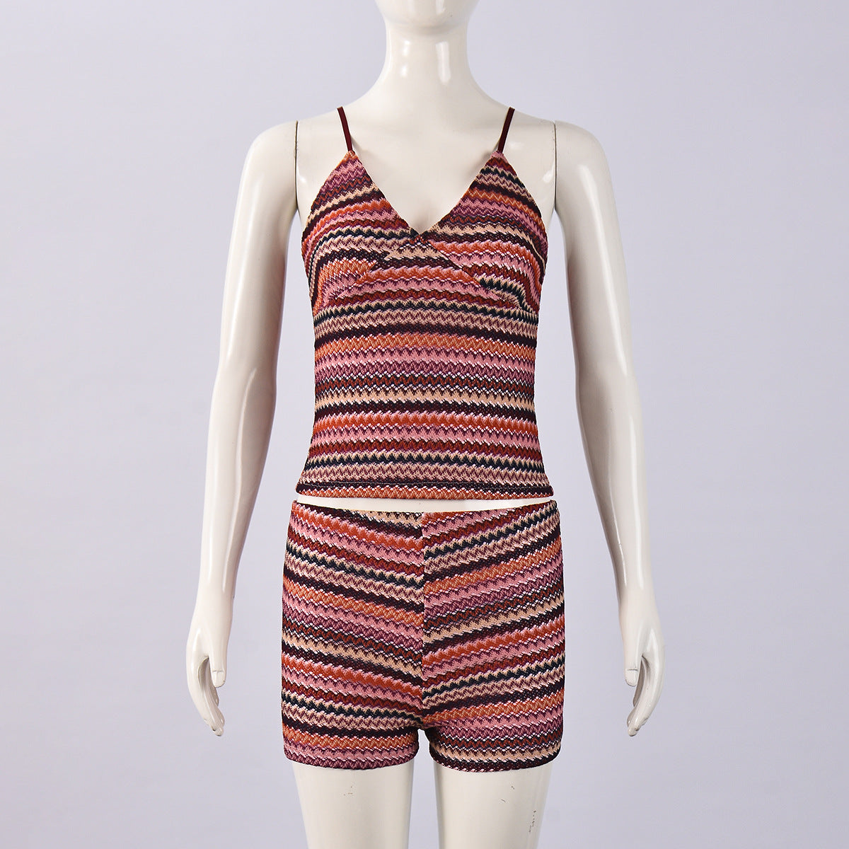 Summer Sexy Crop Open Waist Color-Blocked Camisole & Mini Skirt Two-Piece Set 10