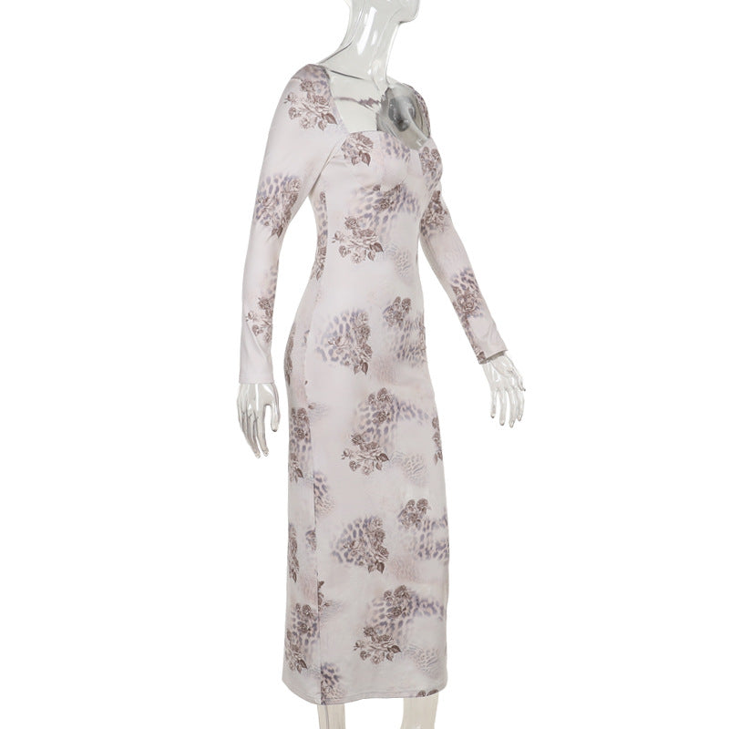 Women Fall Plunging Printed Long Sleeve Bodycon Dress 6