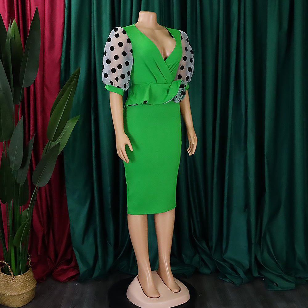 Women Summer mesh flocked puff sleeves V-neck Bodycon dress 33