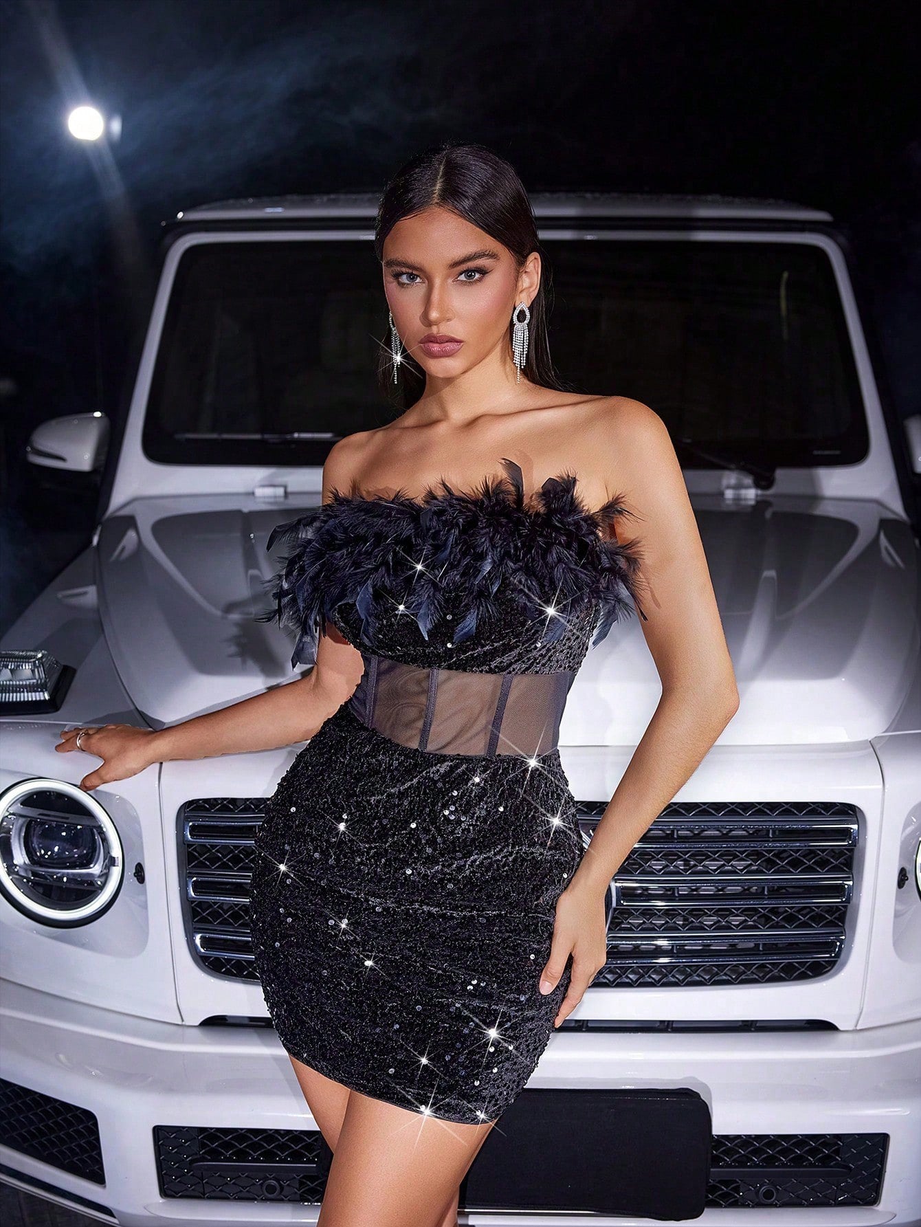 Women Sexy Strapless Black Sequined Feather Patchwork Sequined Formal Party Bodycon Dress 4