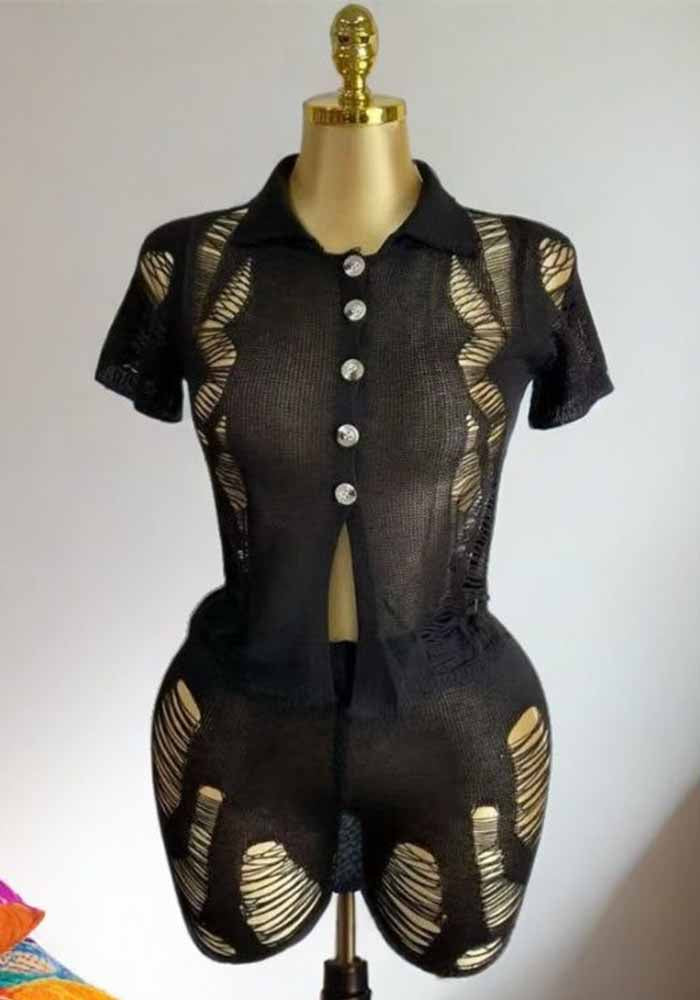 Sexy Hollow-Out Short Sleeve Knitting Top and Shorts Set