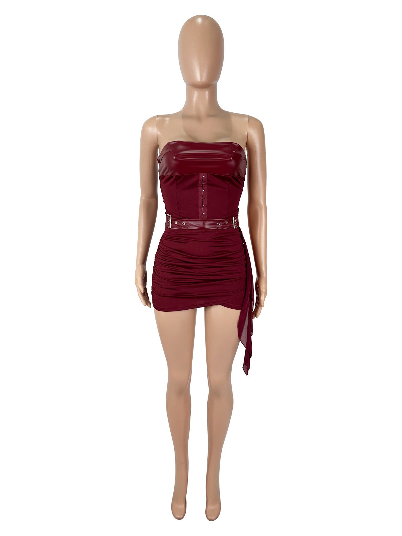 Women Sexy Pu-Leater Lace-Up Strapless Top and Skirt Two-piece Set 11