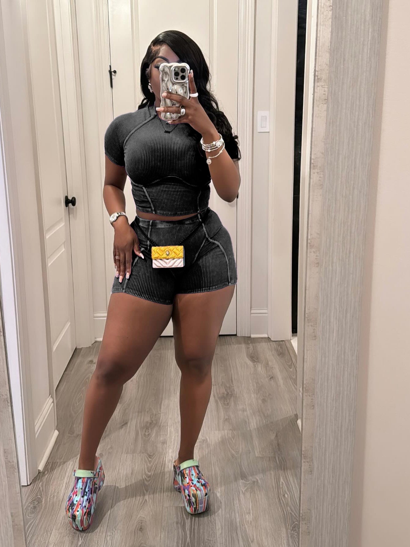 Women Fashion Ribbed Washed faded two-piece shorts set 12