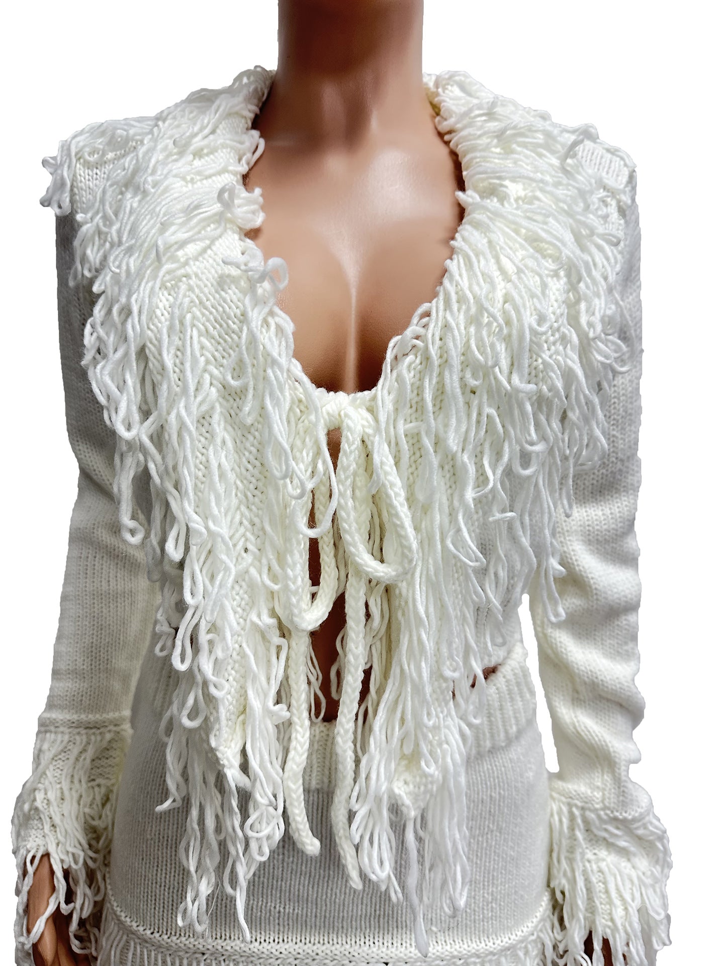 Autumn & Winter Knitted Crochet Fringe Lace-Up Long Sleeve Bodycon Skirt Set 14