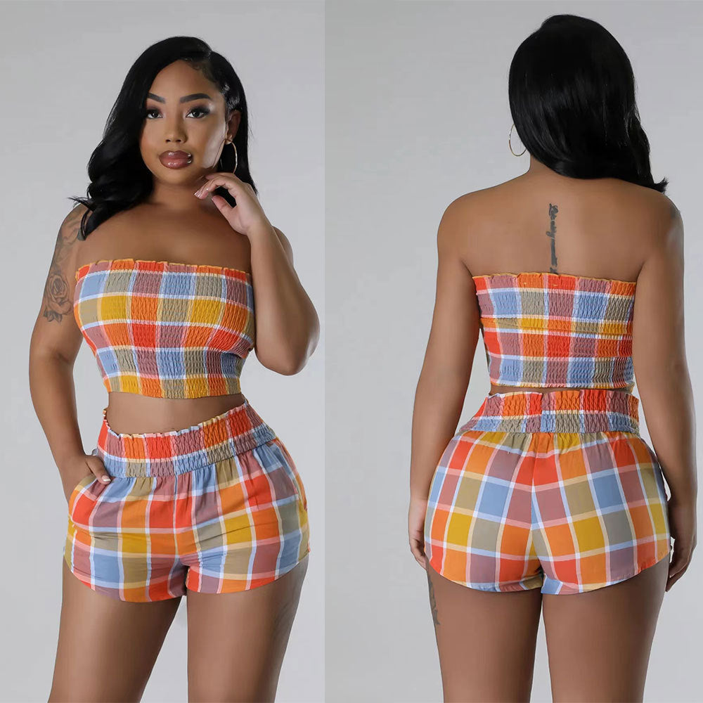 Women's Plaid Contrast Color Strapless Sexy Fashion Two Piece Shorts Set