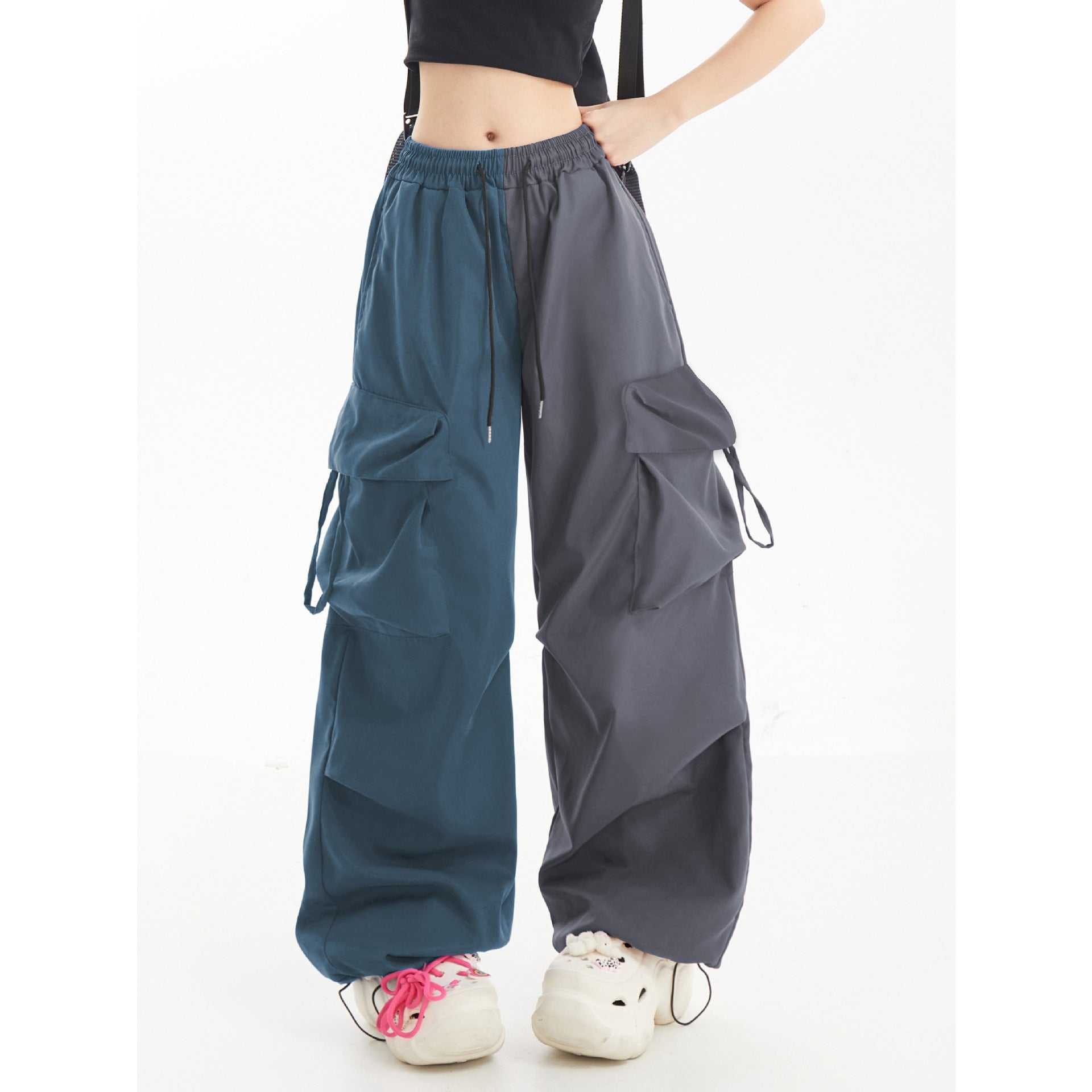 American Contrast Color Loose Wide Leg Cargo Pants Hip Hop Color Matching Fashion Casual Sports Trousers for Women 4