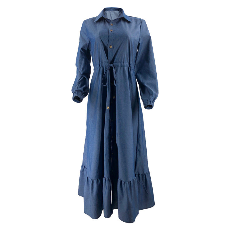 Muslim Ladies Solid Color Elegant Denim Dress 4