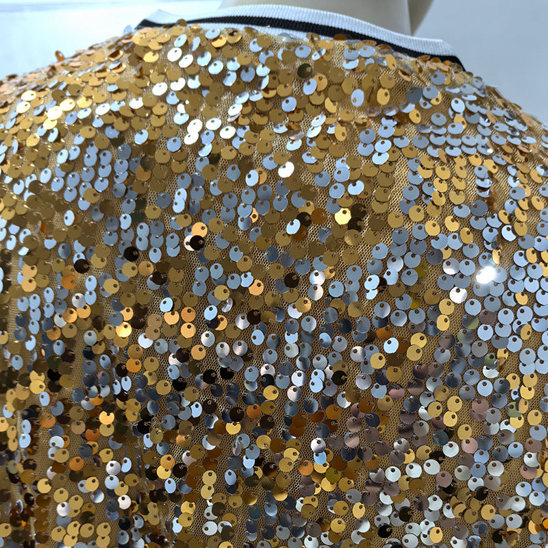 Women's Tops Fashion Color Block Sequin Style Short Zipper Jacket Coat 13