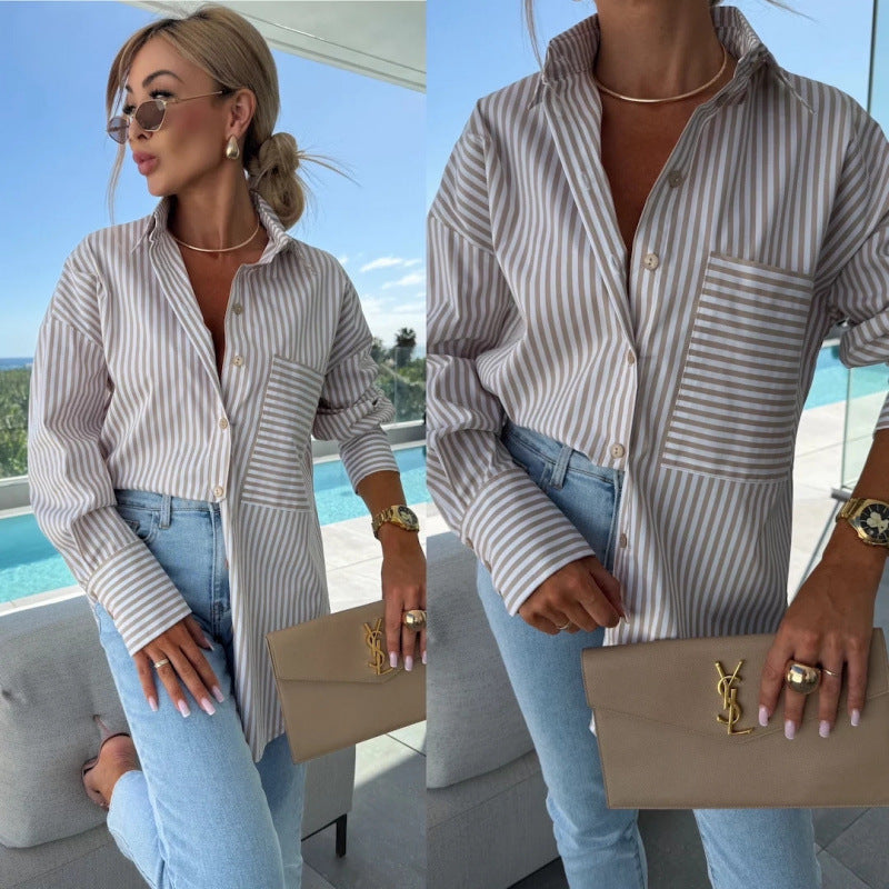 Women Pocket Stripe Long Sleeve Shirt 9