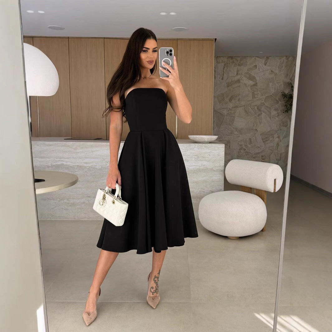 Summer Solid Chic Strapless A-line Midi Dress 6