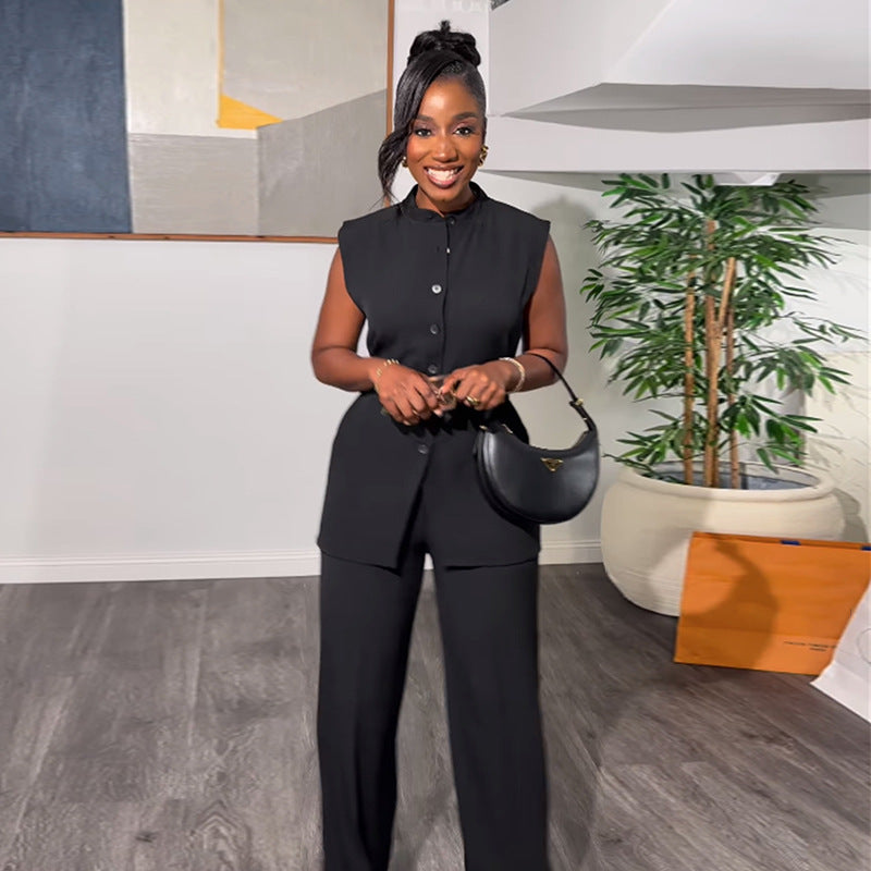Women's Summer Stand Collar Buttoned Sleeveless Slim Waist Belt Top Wide Leg Pants Two Piece Set 11